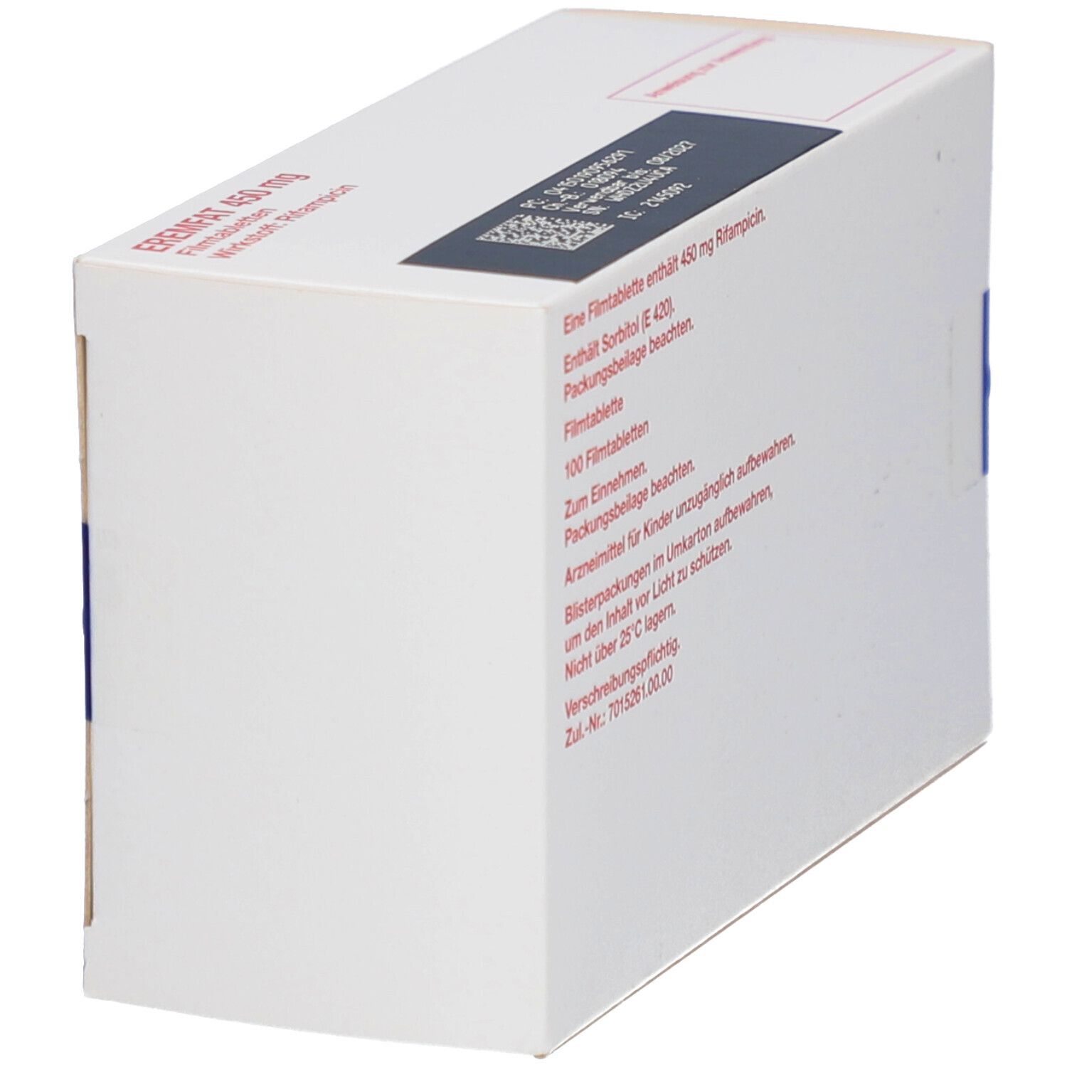 Rückseite der EREMFAT 450 mg Filmtabletten-Schachtel. Enthält Informationen zu Inhaltsstoffen und Lagerung.