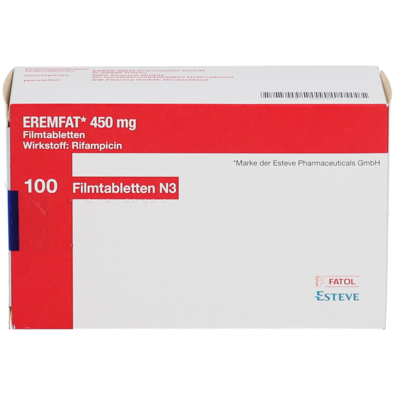 Schachtel mit EREMFAT 450 mg Filmtabletten. Rote und weiße Verpackung. Text: 100 Filmtabletten N3.