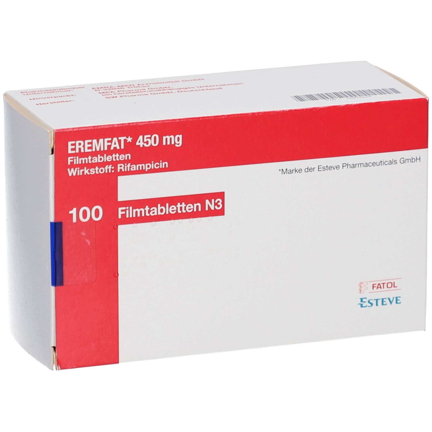 Schachtel mit EREMFAT 450 mg Filmtabletten. Rote und weiße Verpackung. Text: 100 Filmtabletten N3.