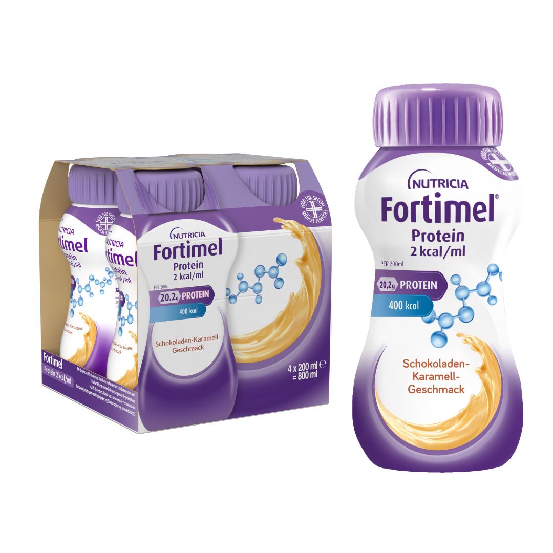 Fortimel® Protein 2 kcal Schokolade-Karamell, die eiweißreiche und hochkalorische Trinknahrung, die zudem ballaststoff- 