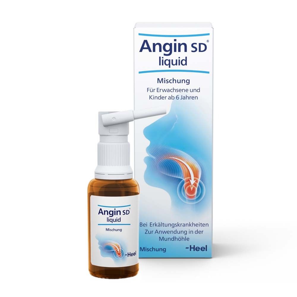 Braune Flasche und Schachtel. Aufschrift: Angin SD liquid Mischung. Für Erwachsene und Kinder ab 6 Jahren.