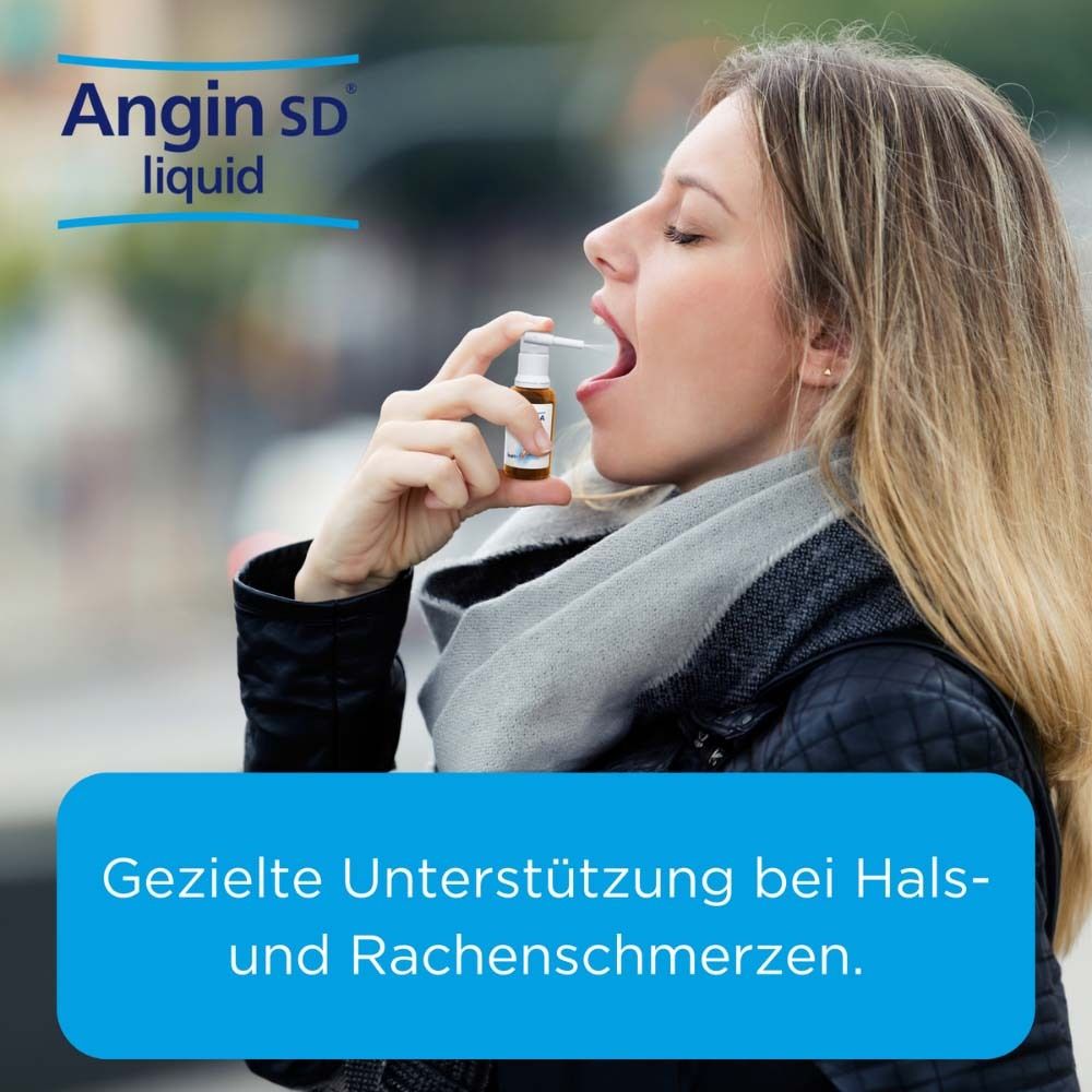 Frau sprüht in den Mund. Text: Gezielte Unterstützung bei Hals- und Rachenschmerzen. Angin SD liquid.