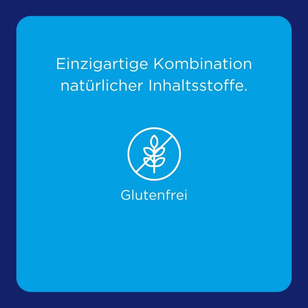 Blauer Hintergrund mit weißem Logo. Text: Einzigartige Kombination natürlicher Inhaltsstoffe. Glutenfrei.