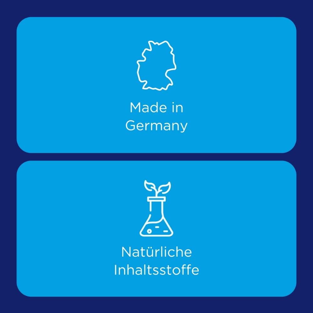 Blauer Hintergrund mit weißem Logo. Text: Made in Germany. Natürliche Inhaltsstoffe.