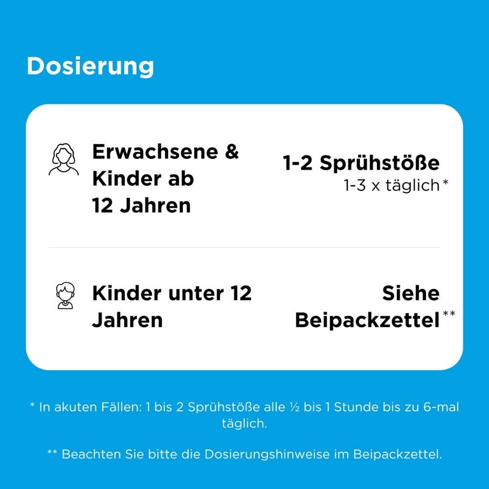 Dosierungstabelle. Erwachsene & Kinder ab 12 Jahren: 1-2 Sprühstöße 1-3 x täglich. Kinder unter 12 Jahren: Siehe Beipackzettel.