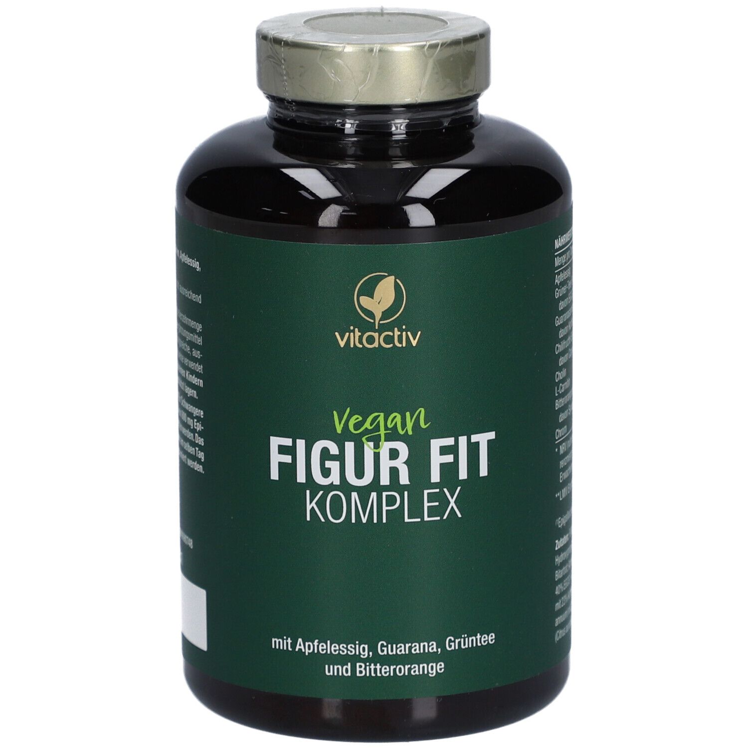Braune Flasche mit grüner Etikett. Aufschrift: Vegan Figur Fit Komplex. Goldfarbener Deckel. Marke: vitactiv.