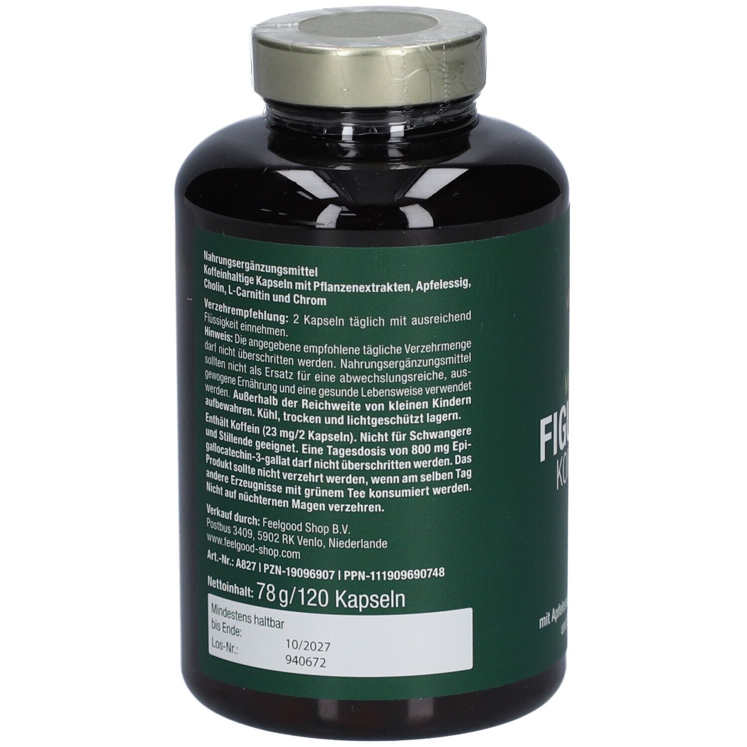 Braune Flasche mit grüner Etikett. Aufschrift: Vegan Figur Fit Komplex. Goldfarbener Deckel. Marke: vitactiv.