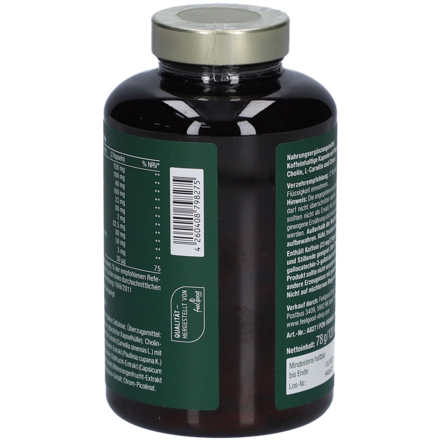 Braune Flasche mit grüner Etikett. Aufschrift: Vegan Figur Fit Komplex. Goldfarbener Deckel. Marke: vitactiv.