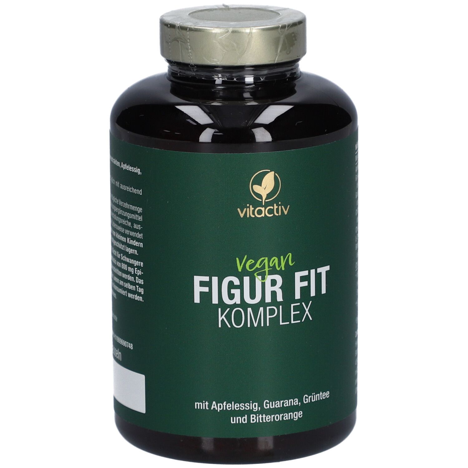 Braune Flasche mit grüner Etikett. Aufschrift: Vegan Figur Fit Komplex. Goldfarbener Deckel. Marke: vitactiv.