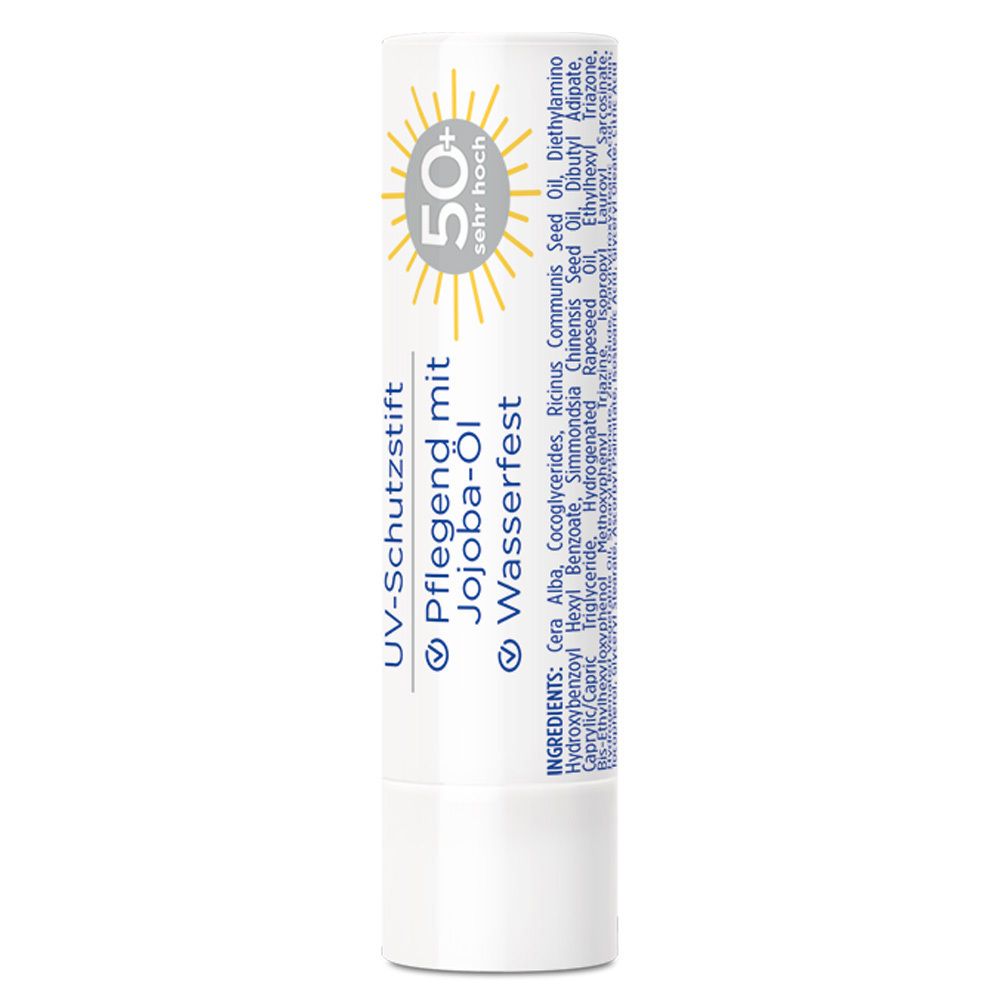 Weißer Lippenpflegestift mit gelbem Sonnensymbol und Aufschrift UV-Schutzstift. Inhaltsstoffe.