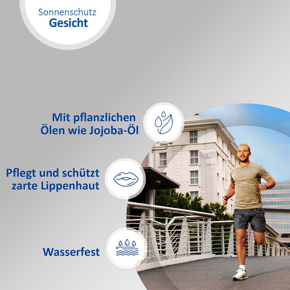 Mann rennt auf Brücke. Icons: Pflanzenöle, Lippen, Wasserfest. Text: Sonnenschutz Gesicht. Pflegt und schützt zarte Lippenhaut.
