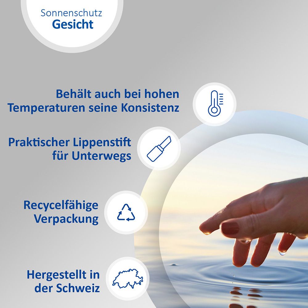 Icons: Konsistenz bei Hitze, Lippenstift, recycelbare Verpackung, hergestellt in der Schweiz. Text: Sonnenschutz Gesicht.
