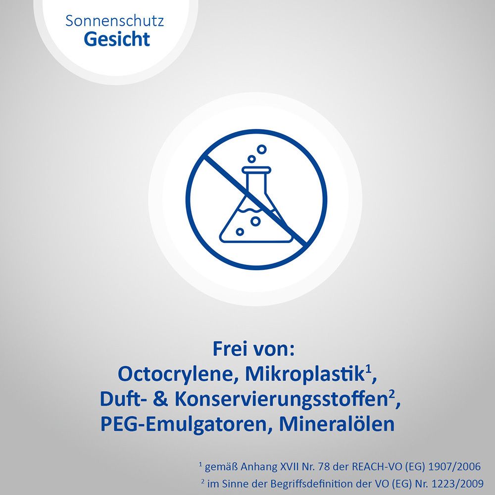 Icon: Kein Becherglas mit Kreuz. Text: Frei von Octocrylene, Mikroplastik, Duft-& Konservierungsstoffen, PEG-Emulgatoren, Mineralölen.