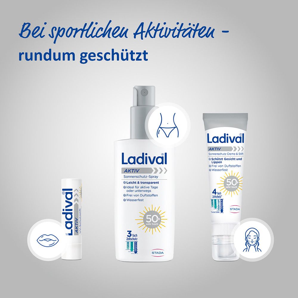 Verschiedene Ladival Produkte: Lippenpflegestift, Sonnenschutz-Spray, Sonnencreme. Text: Bei sportlichen Aktivitäten - rundum geschützt.