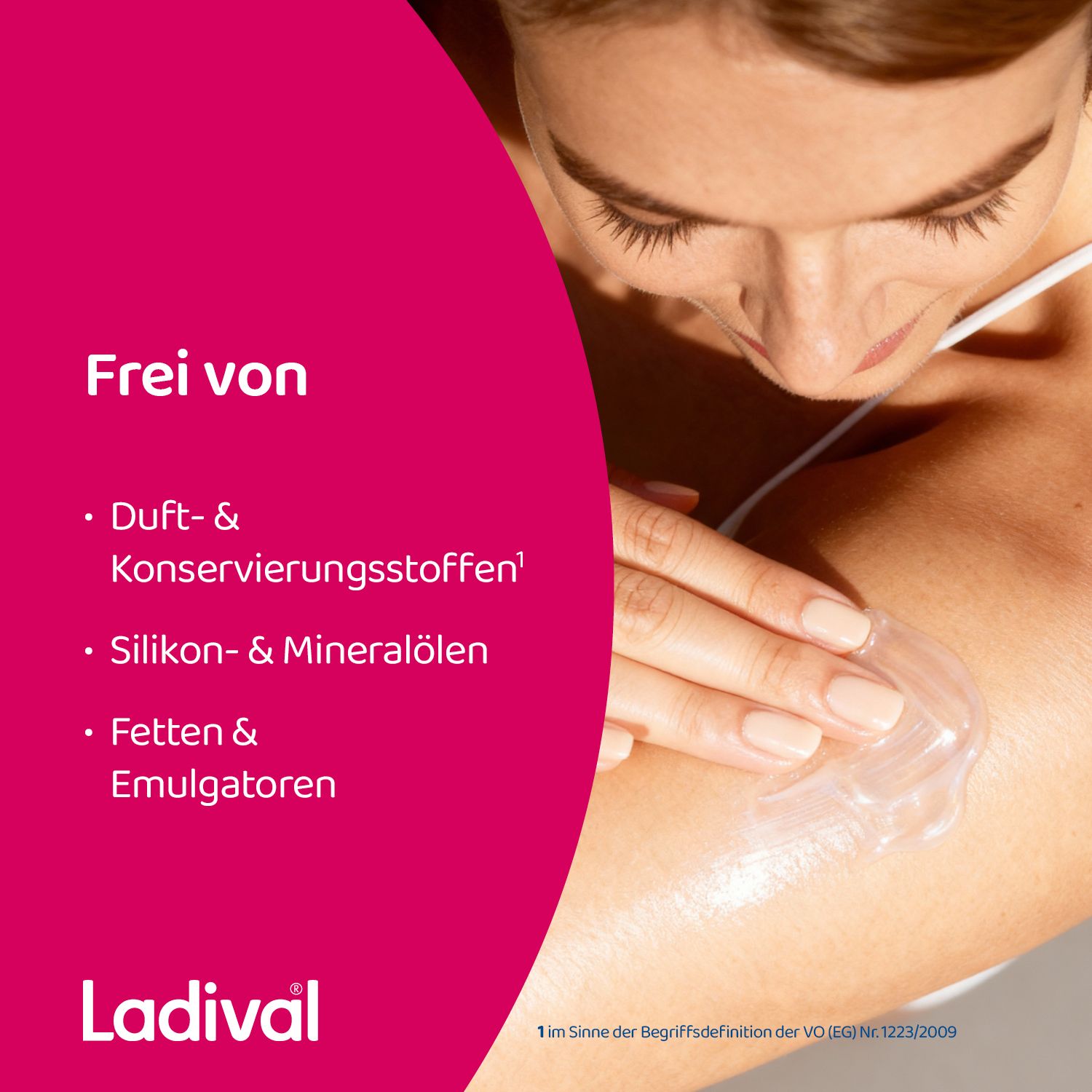 Frau trägt Creme auf. Text: Frei von Duft-, Konservierungsstoffen, Silikon- & Mineralölen, Fetten & Emulgatoren. Ladival®-Logo.
