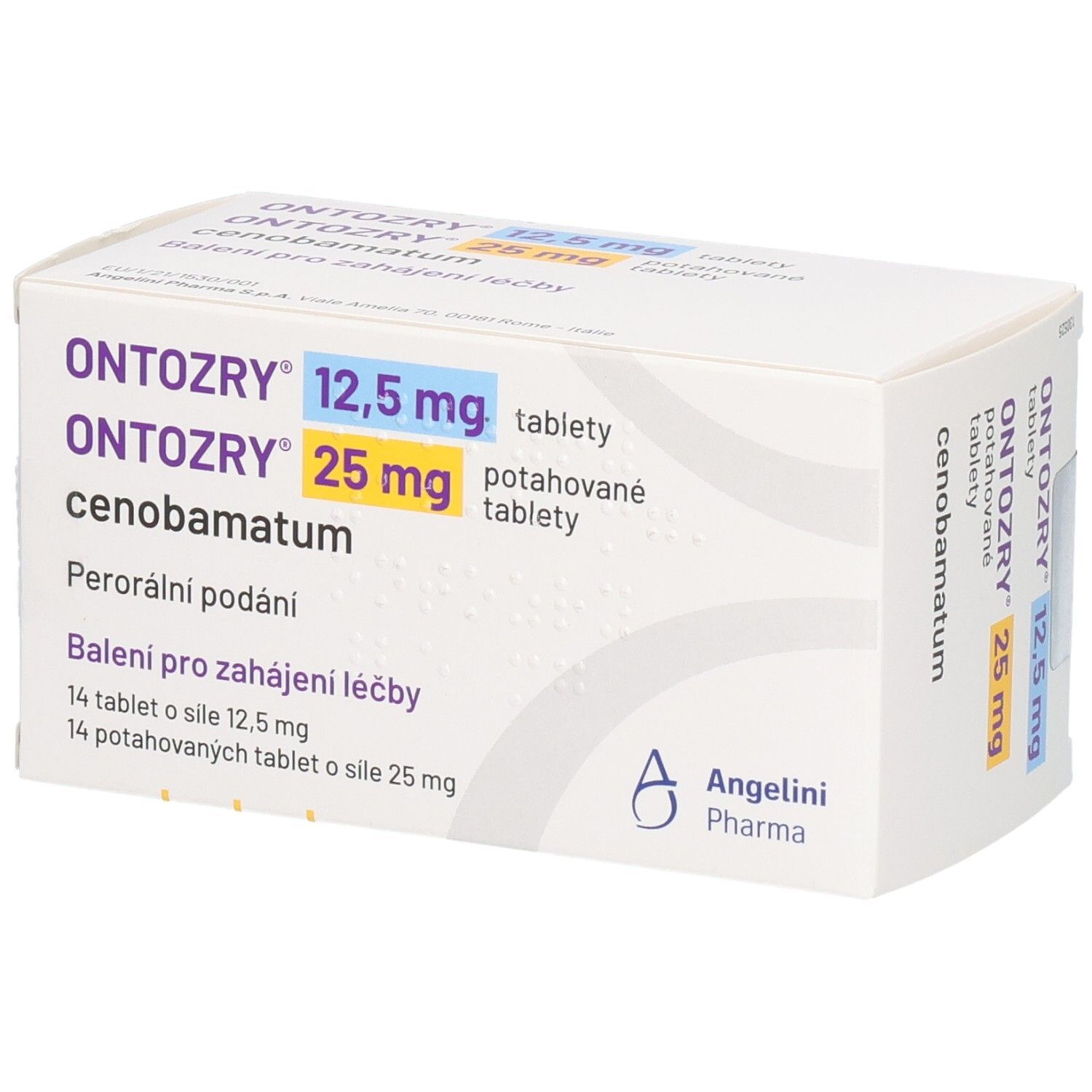 Schachtel mit ONTOZRY 12,5 mg und 25 mg Tabletten. Blaue und gelbe Schrift. Angelini Pharma Logo.