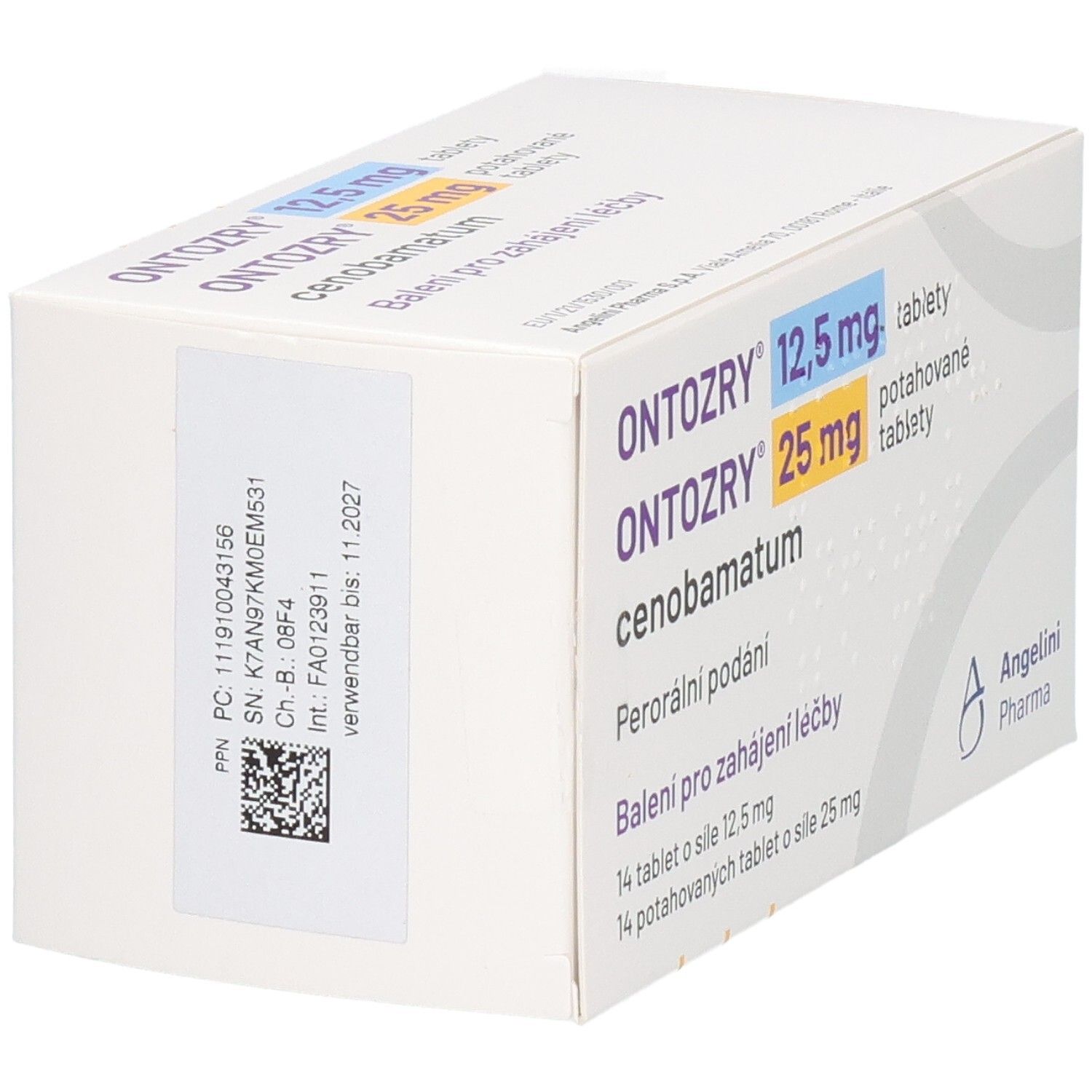 Schachtel mit ONTOZRY 12,5 mg und 25 mg Tabletten. Seitenansicht mit Text und Barcode. Angelini Pharma Logo.