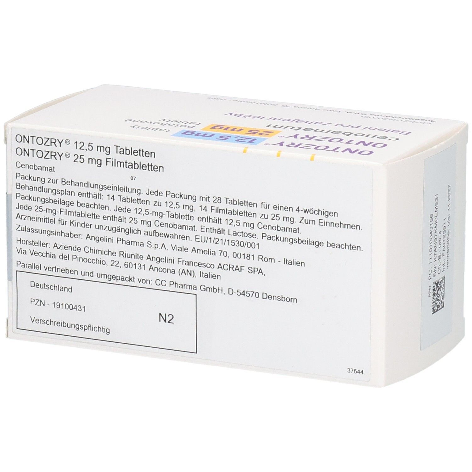 Rückseite der Schachtel mit ONTOZRY 12,5 mg und 25 mg Tabletten. Textinformationen. Herstellerangaben.