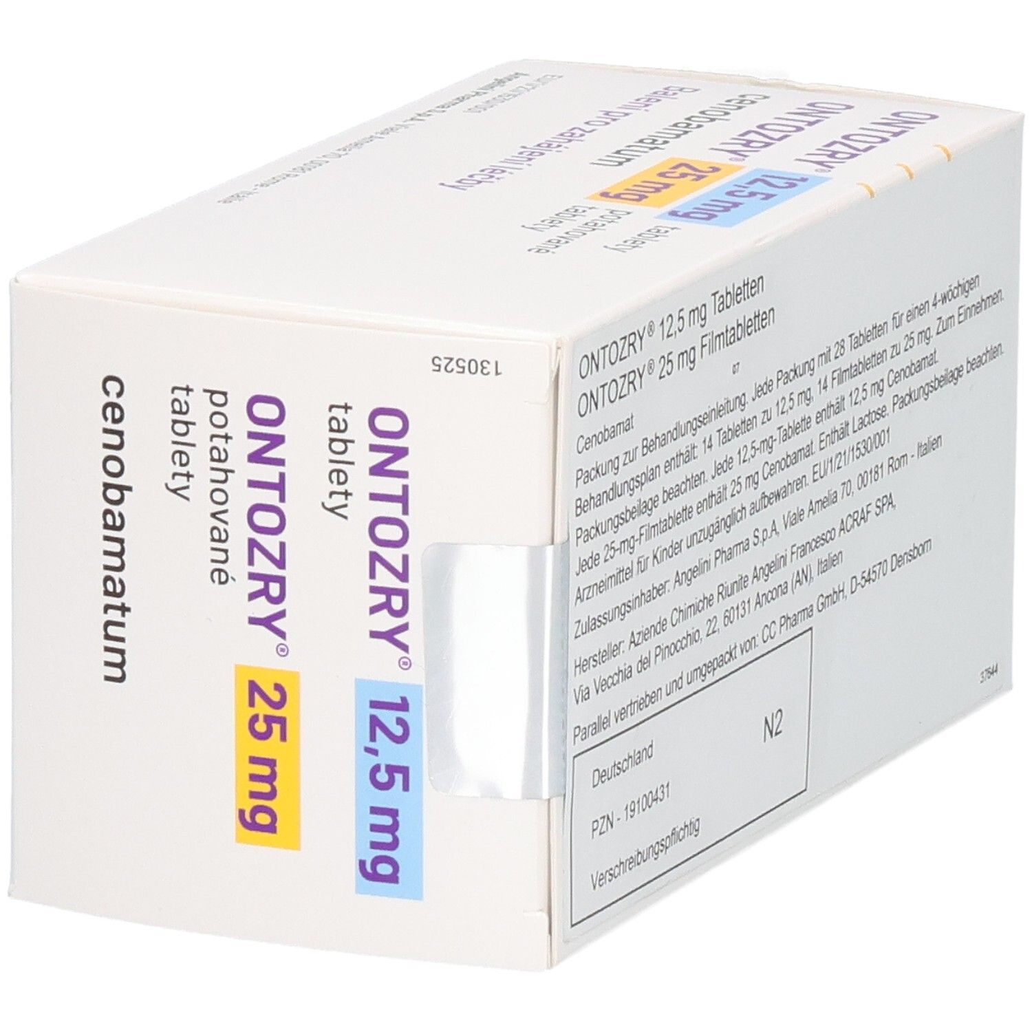 Schachtel mit ONTOZRY 12,5 mg und 25 mg Tabletten. Ansicht mit Text. Blaue und gelbe Schrift.