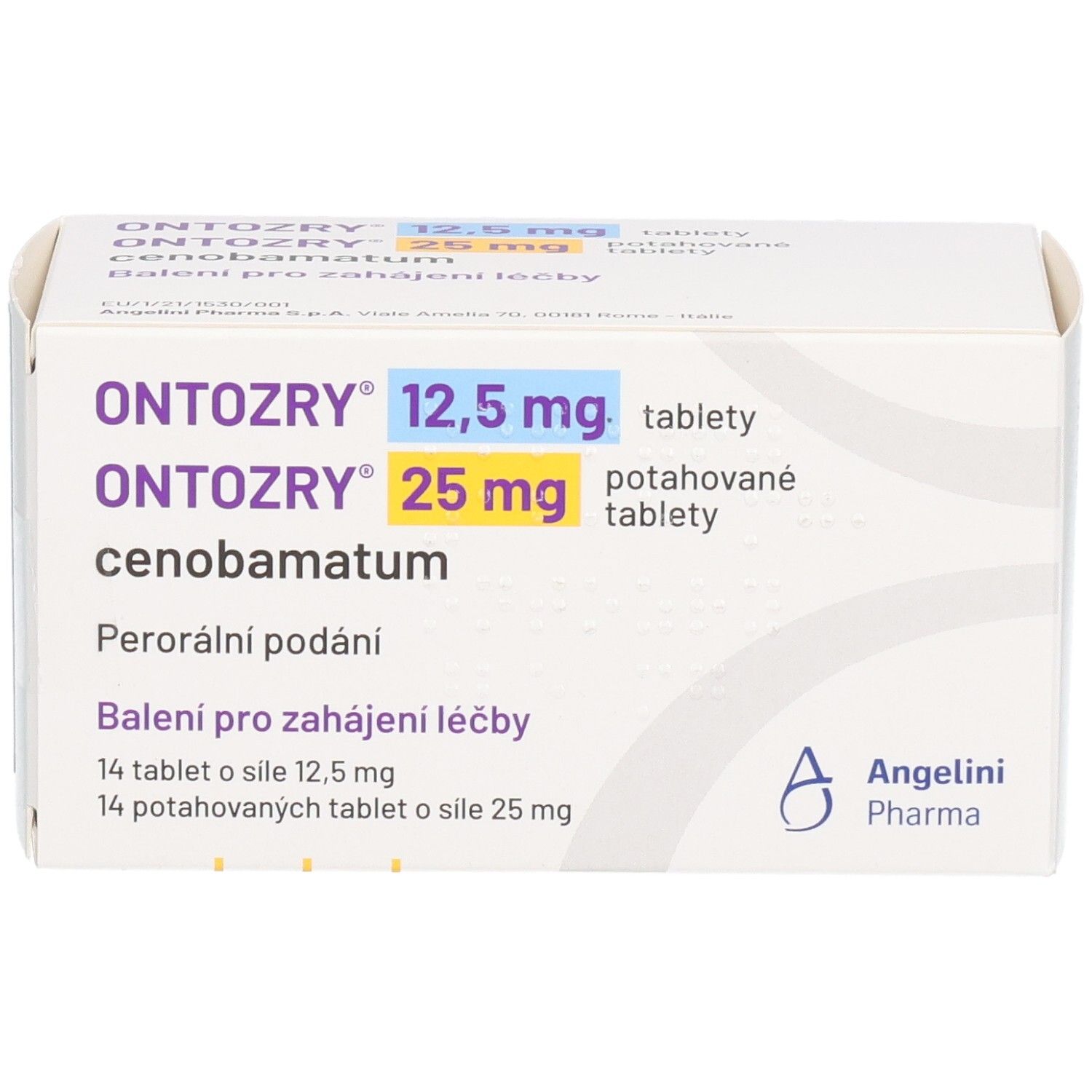 Schachtel mit ONTOZRY 12,5 mg und 25 mg Tabletten. Blaue und gelbe Schrift. Angelini Pharma Logo.