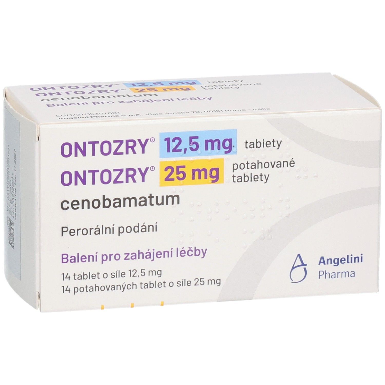 Schachtel mit ONTOZRY 12,5 mg und 25 mg Tabletten. Blaue und gelbe Schrift. Angelini Pharma Logo.