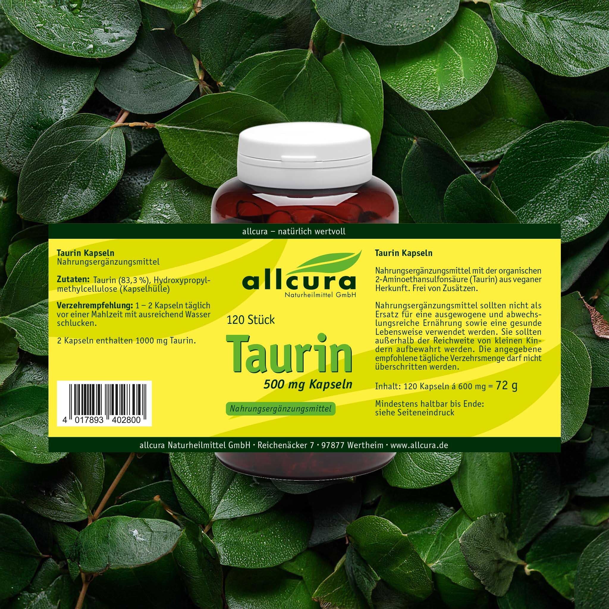 Braune Flasche mit weißen Deckel. Aufkleber mit "Taurin 500 mg Kapseln". 120 Stück. Marke: allcura. Hintergrund: Blätter.