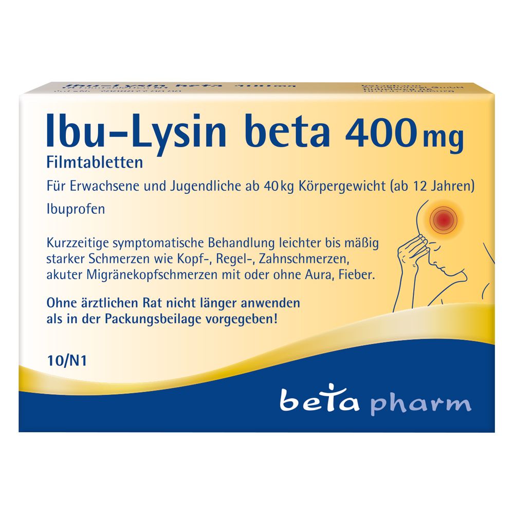 Blisterpackung Ibu-Lysin beta 400 mg Filmtabletten. Enthält Ibuprofen. Text: Für Erwachsene und Jugendliche ab 40 kg Körpergewicht.