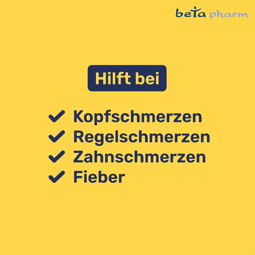 Gelber Hintergrund mit Text: Hilft bei Kopfschmerzen, Regelschmerzen, Zahnschmerzen, Fieber. Logo beta pharm.