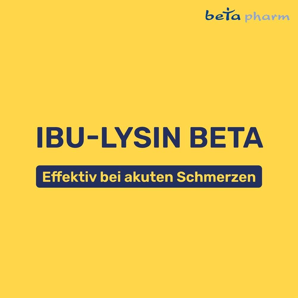 Gelber Hintergrund mit Text: IBU-LYSIN BETA. Effektiv bei akuten Schmerzen. Logo beta pharm.