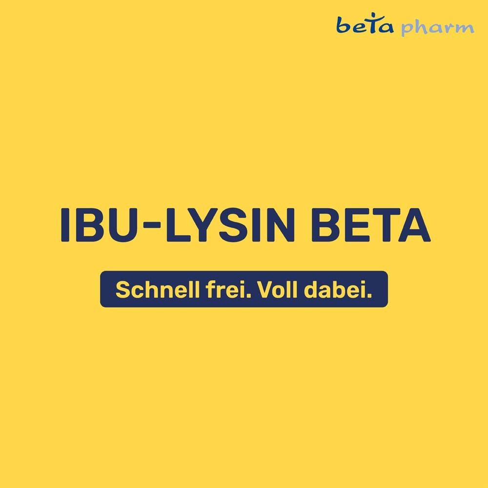 Gelber Hintergrund mit Text: IBU-LYSIN BETA. Schnell frei. Voll dabei. Logo beta pharm.