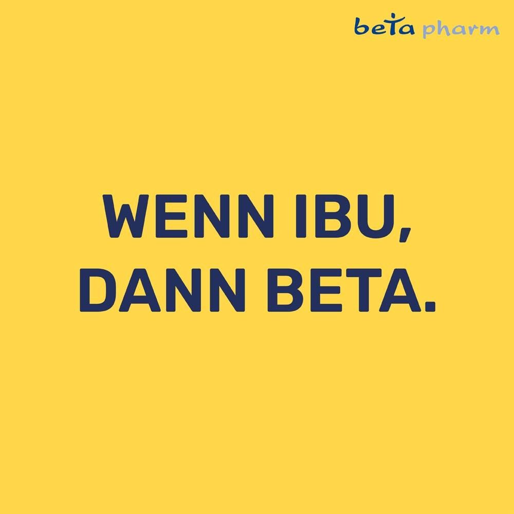 Gelber Hintergrund mit Text: WENN IBU, DANN BETA. Logo beta pharm.