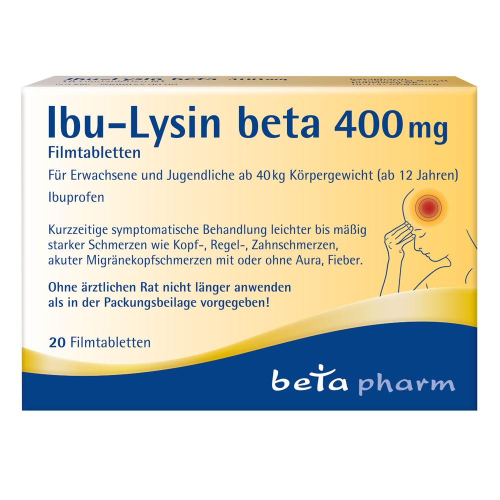 Schachtel Ibu-Lysin beta 400mg Filmtabletten. Blaue und weiße Verpackung mit Produktinformationen und Logo.