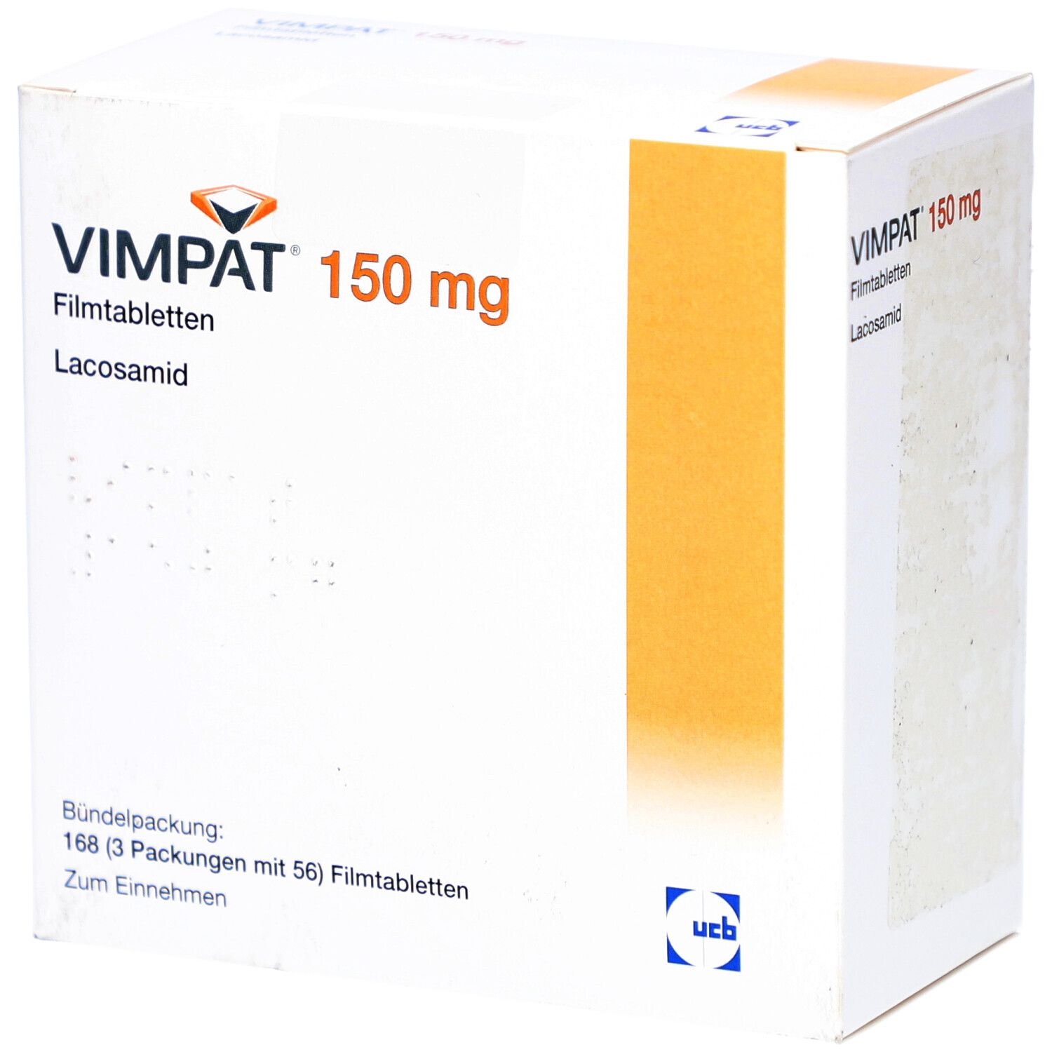 VIMPAT 150 mg Filmtabletten-Packung. Aufschrift: Lacosamid. UCB-Logo. Bündelpackung mit 168 Filmtabletten.