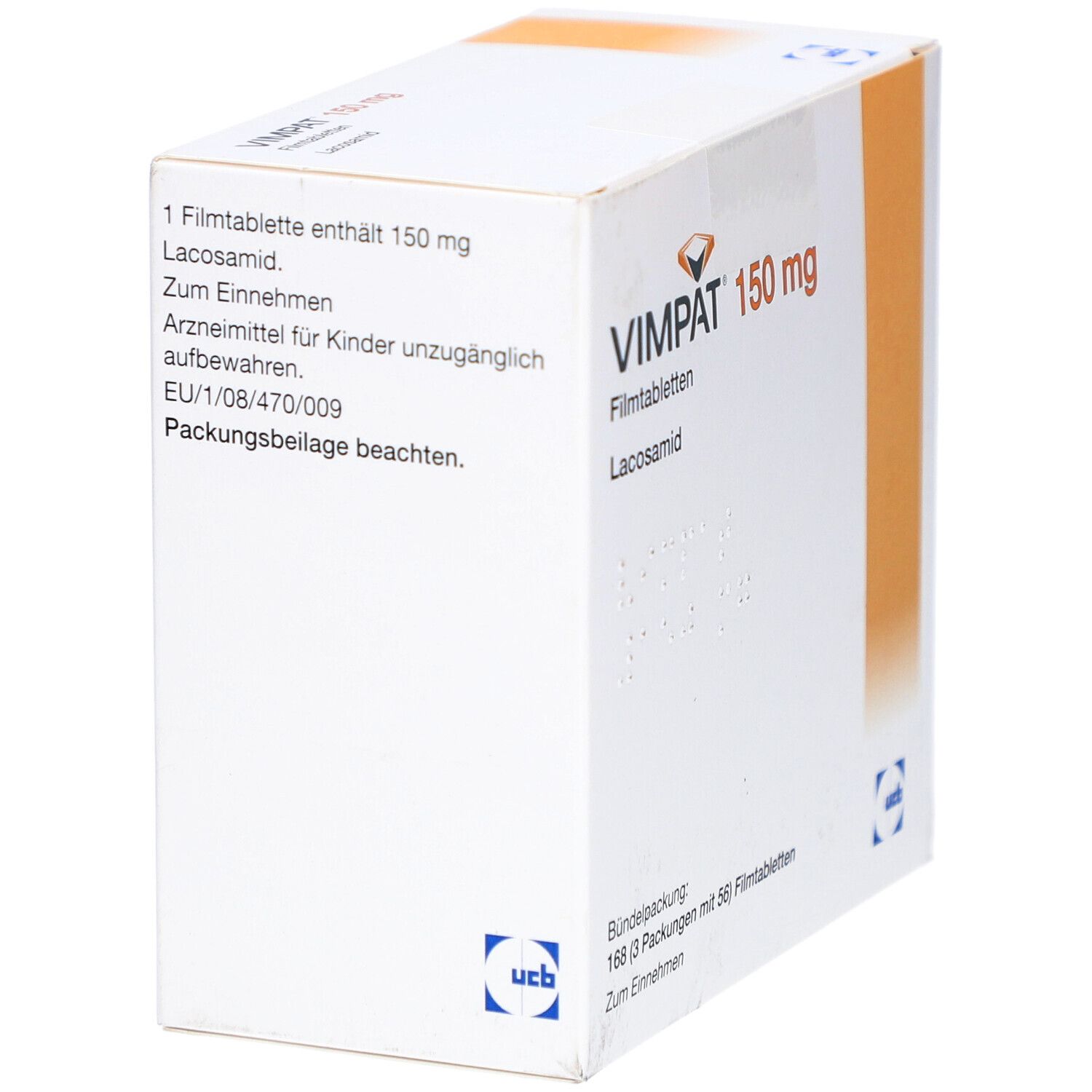 VIMPAT 150 mg Filmtabletten-Packung. Aufschrift: Lacosamid. UCB-Logo. Enthält 1 Filmtablette mit 150 mg.