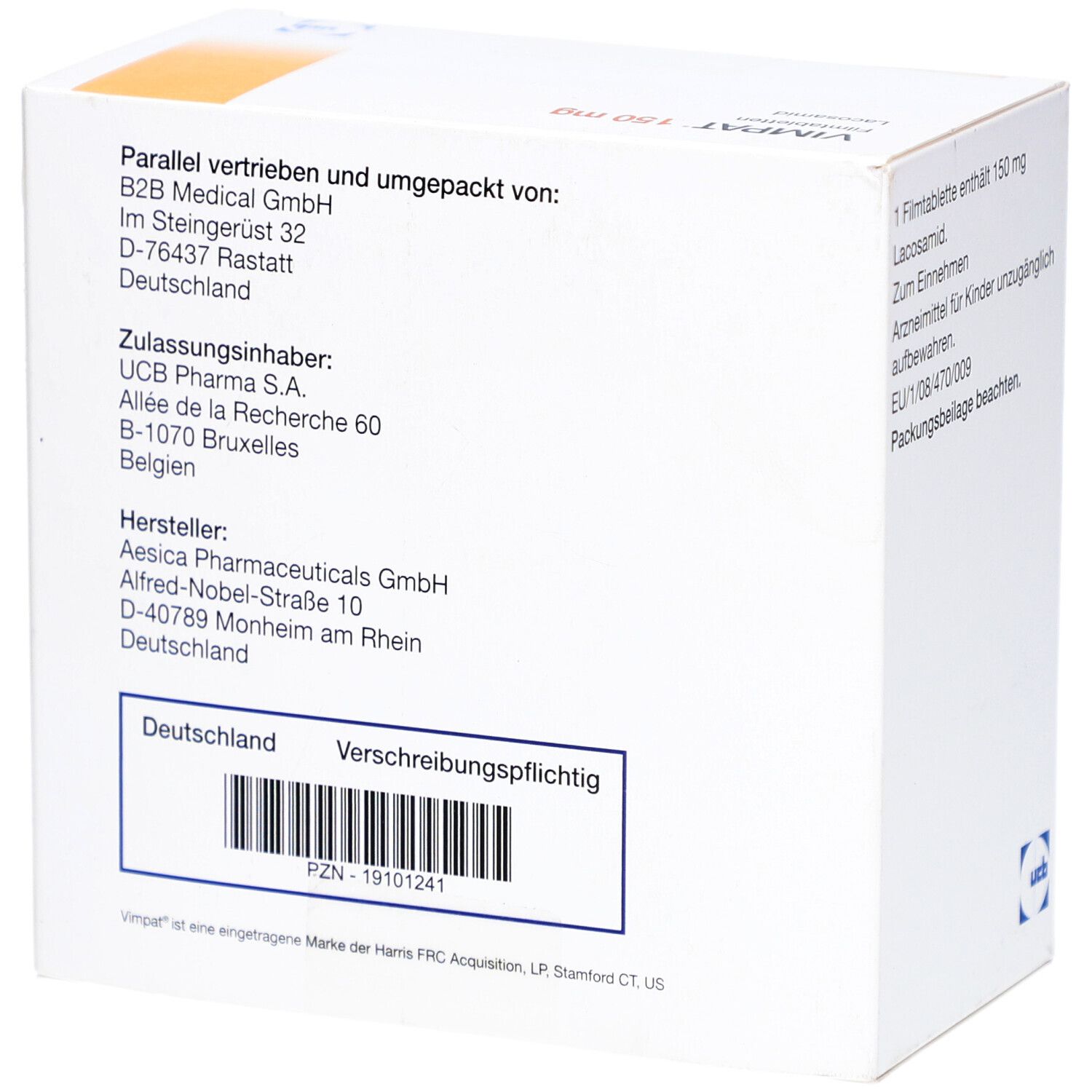 Rückseite der VIMPAT 150 mg Packung. Enthält Informationen zu Hersteller, Zulassung und Inhaltsstoffen. Barcode und Verschreibungspflicht.