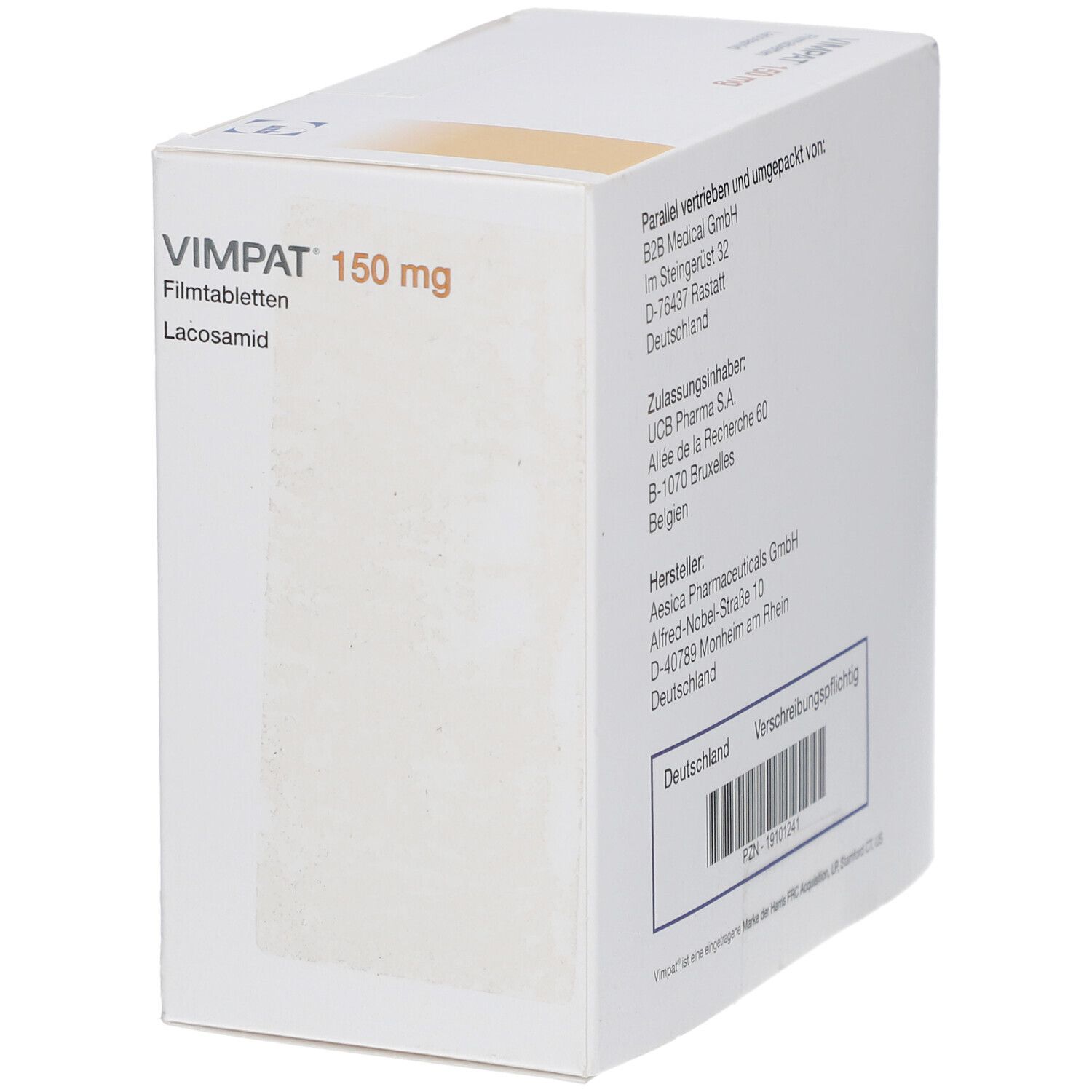 VIMPAT 150 mg Packung. Aufschrift: Lacosamid. Informationen zu Hersteller, Zulassung und Inhaltsstoffen. Barcode.
