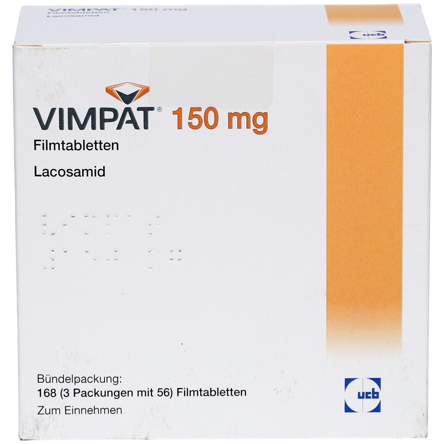 VIMPAT 150 mg Filmtabletten-Packung. Aufschrift: Lacosamid. UCB-Logo. Bündelpackung mit 168 Filmtabletten.
