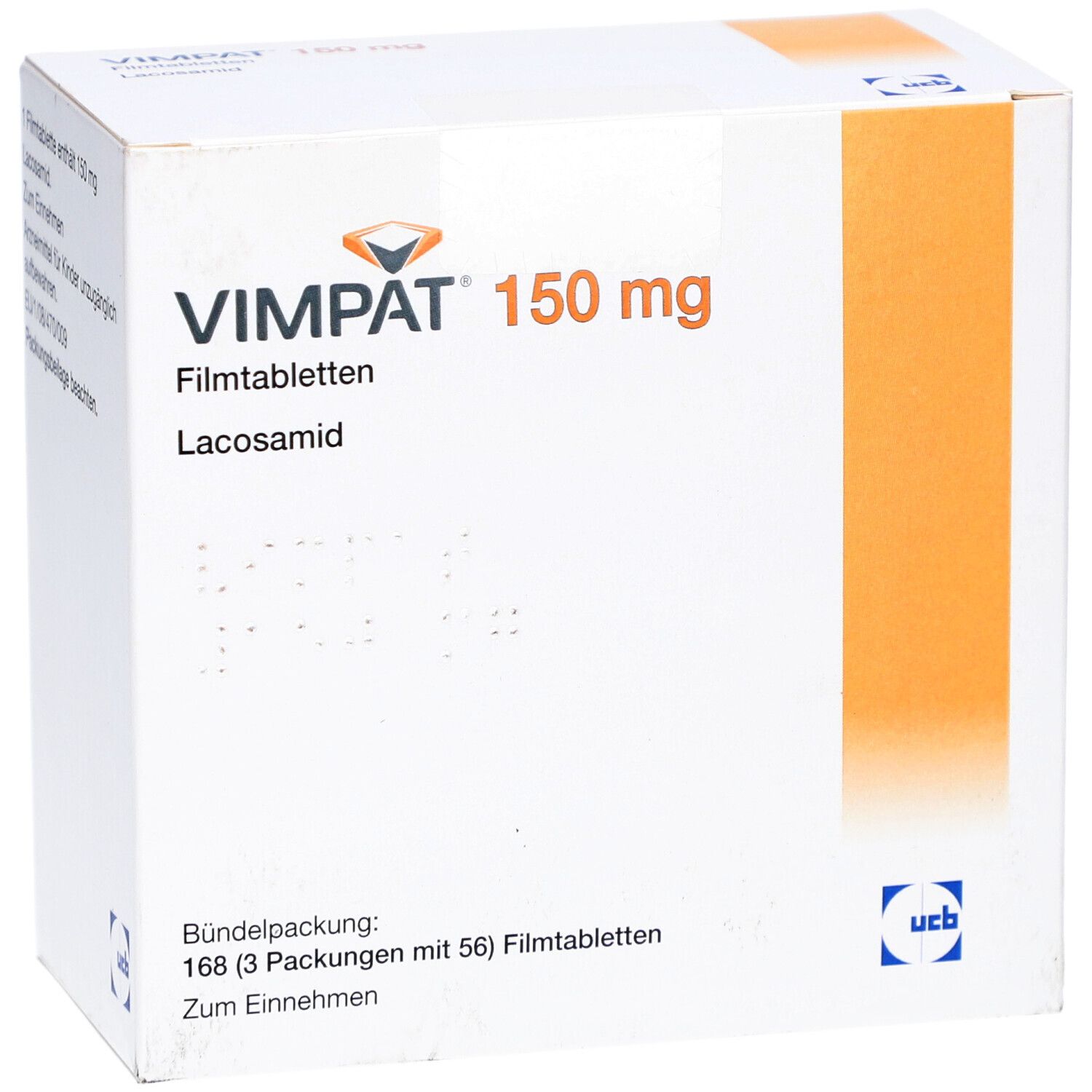 VIMPAT 150 mg Filmtabletten-Packung. Aufschrift: Lacosamid. UCB-Logo. Bündelpackung mit 168 Filmtabletten.