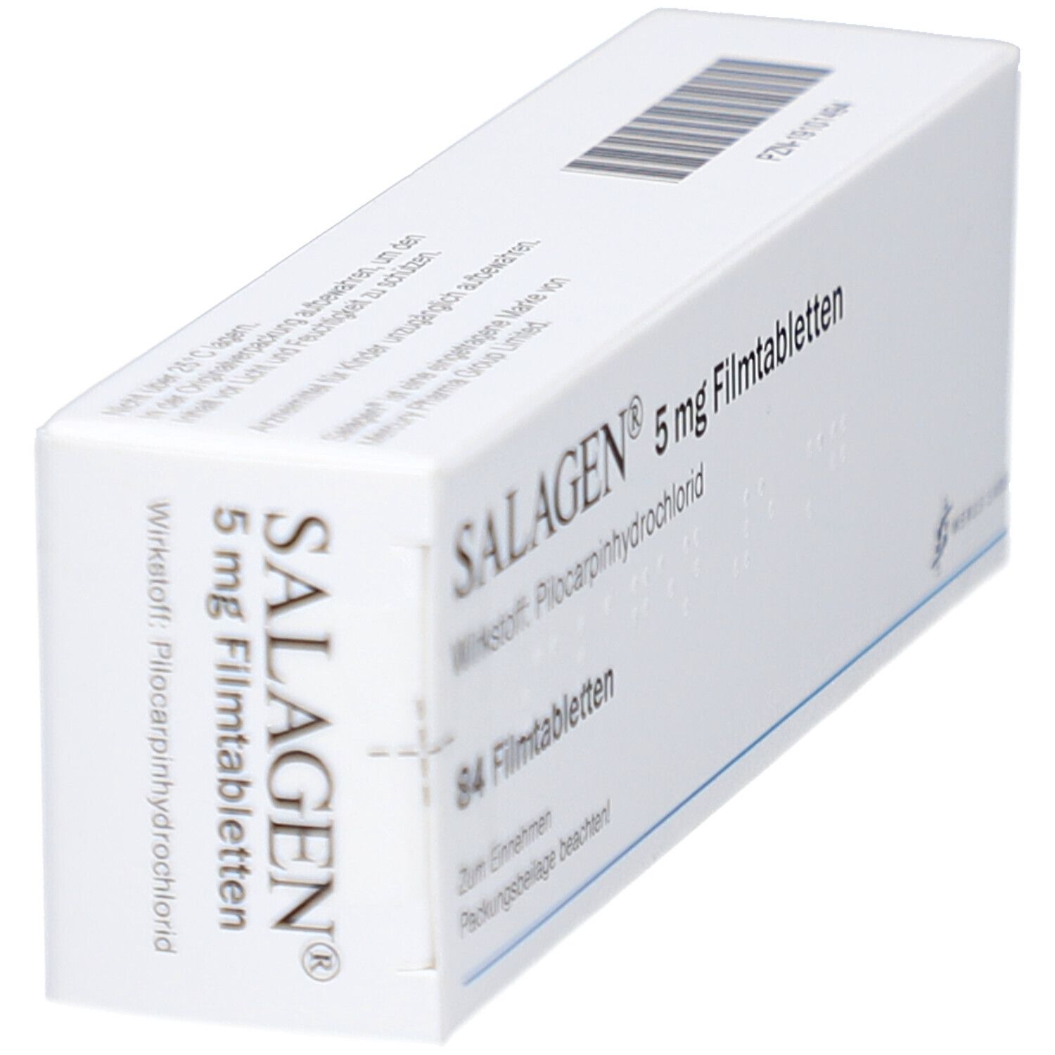 Schachtel SALAGEN 5 mg Filmtabletten, weiß. Aufschrift: 5 mg Filmtabletten. Barcode. Perspektivische Ansicht.