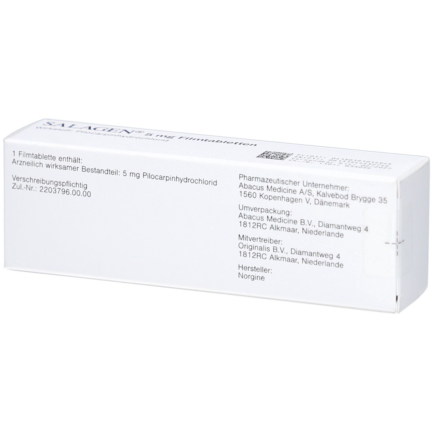 Rückseite der weißen Schachtel mit SALAGEN 5 mg Filmtabletten. Textinformationen und Barcode.