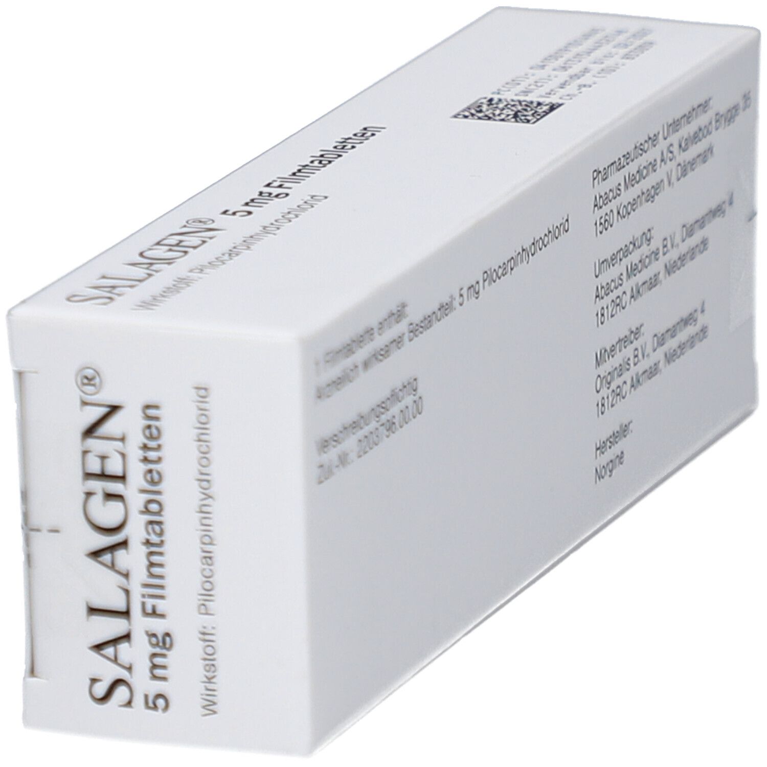 Weiße Schachtel SALAGEN 5 mg Filmtabletten. Aufschrift: 5 mg Filmtabletten. Perspektivische Ansicht.