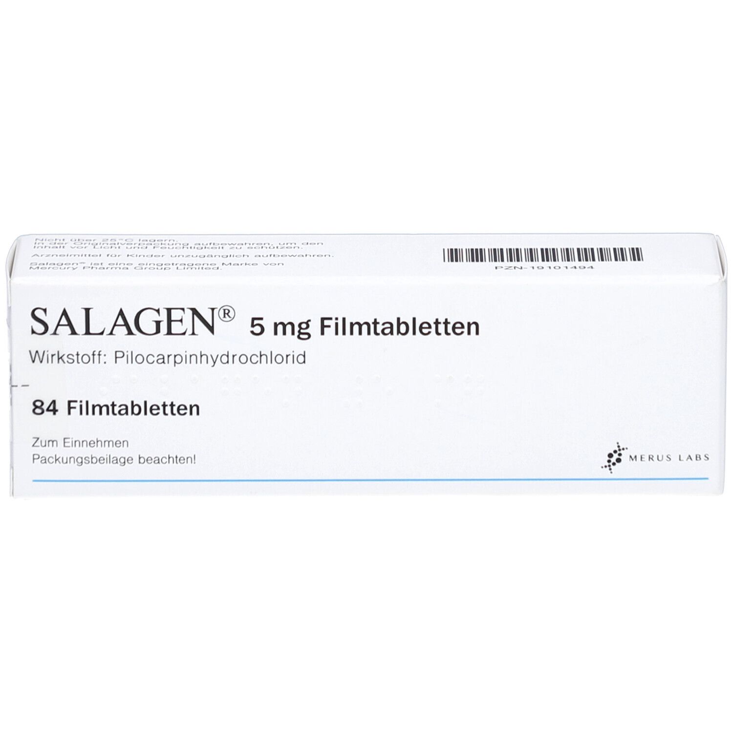 Weiße Schachtel mit SALAGEN 5 mg Filmtabletten. Aufschrift: 84 Filmtabletten. Barcode und Logo.