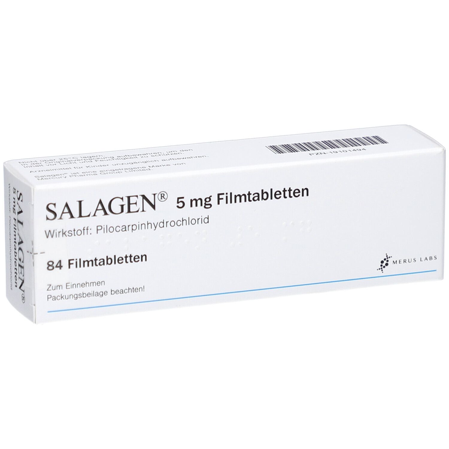 Weiße Schachtel mit SALAGEN 5 mg Filmtabletten. Aufschrift: 84 Filmtabletten. Barcode und Logo.
