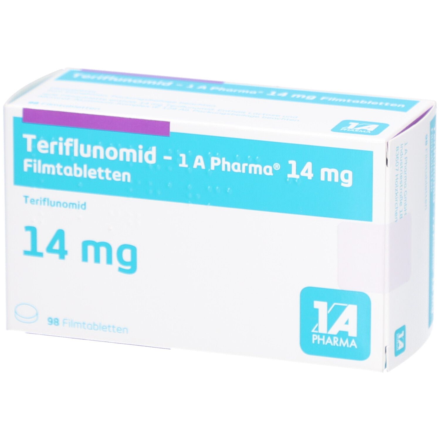 Schachtel mit blauer und weißer Aufschrift. Teriflunomid - 1 A Pharma 14 mg Filmtabletten. 14 mg. 98 Filmtabletten. Logo 1A Pharma.