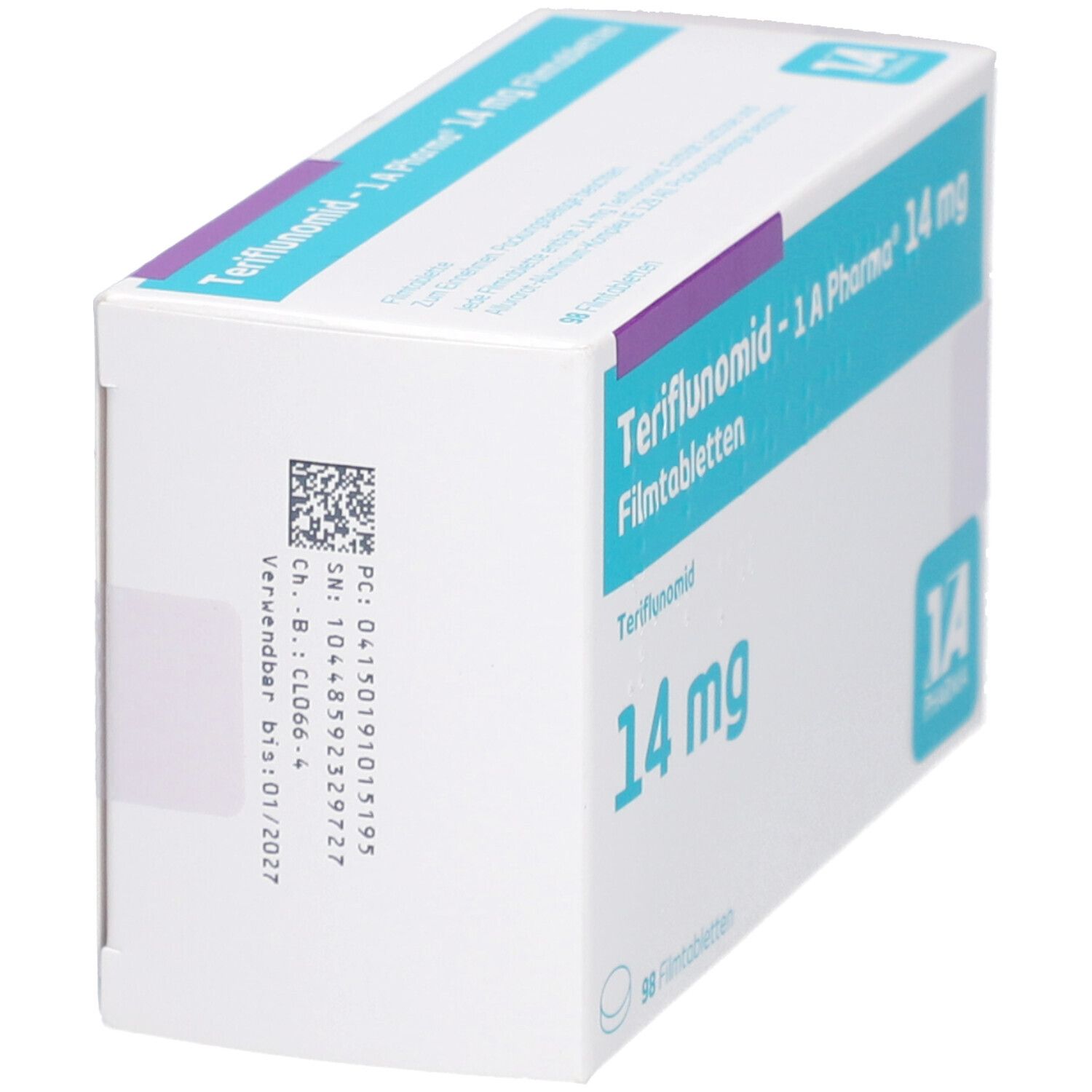 Schachtel, Seitenansicht. Teriflunomid - 1 A Pharma 14 mg Filmtabletten. 14 mg. Barcode und Verfallsdatum. Logo 1A Pharma.