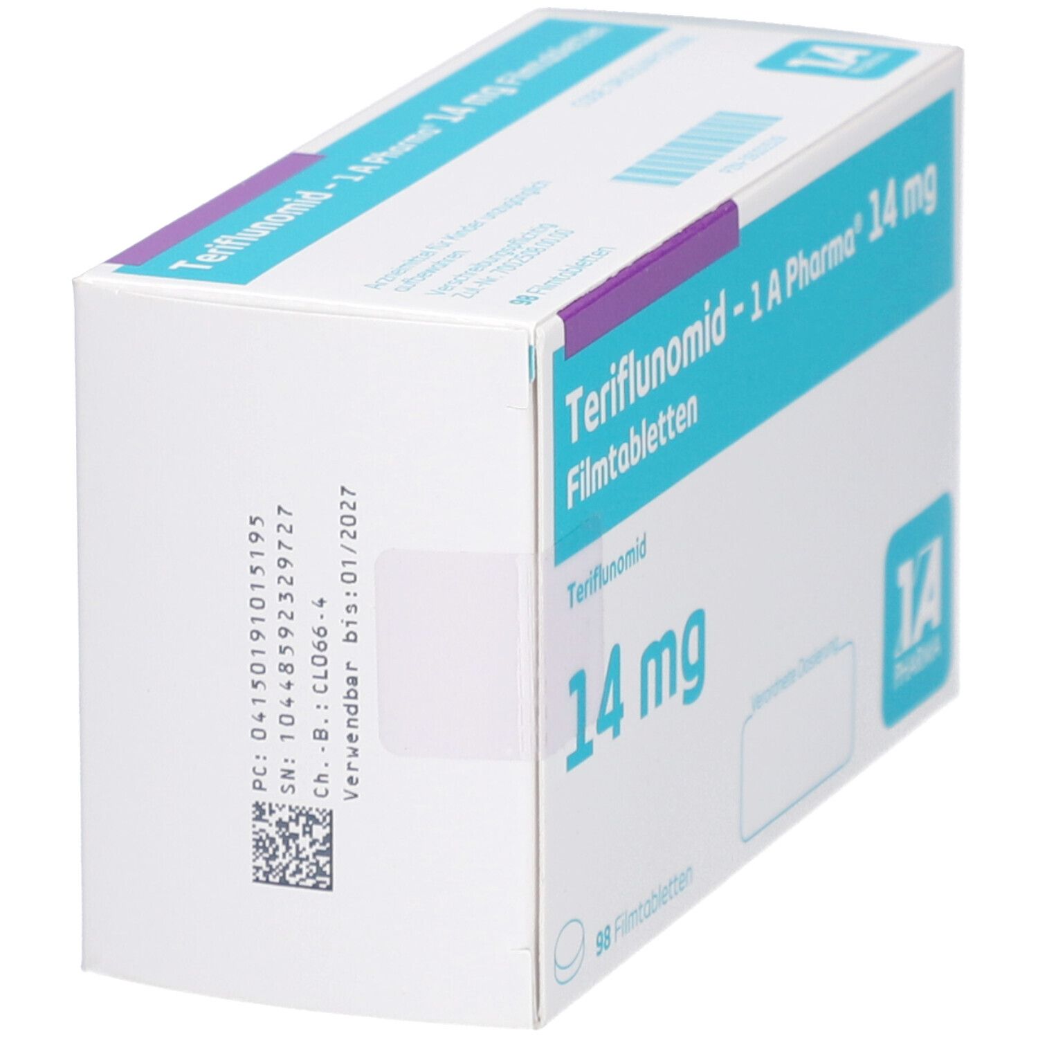 Schachtel, Seitenansicht. Teriflunomid - 1 A Pharma 14 mg Filmtabletten. 14 mg. Barcode und Verfallsdatum. Logo 1A Pharma.