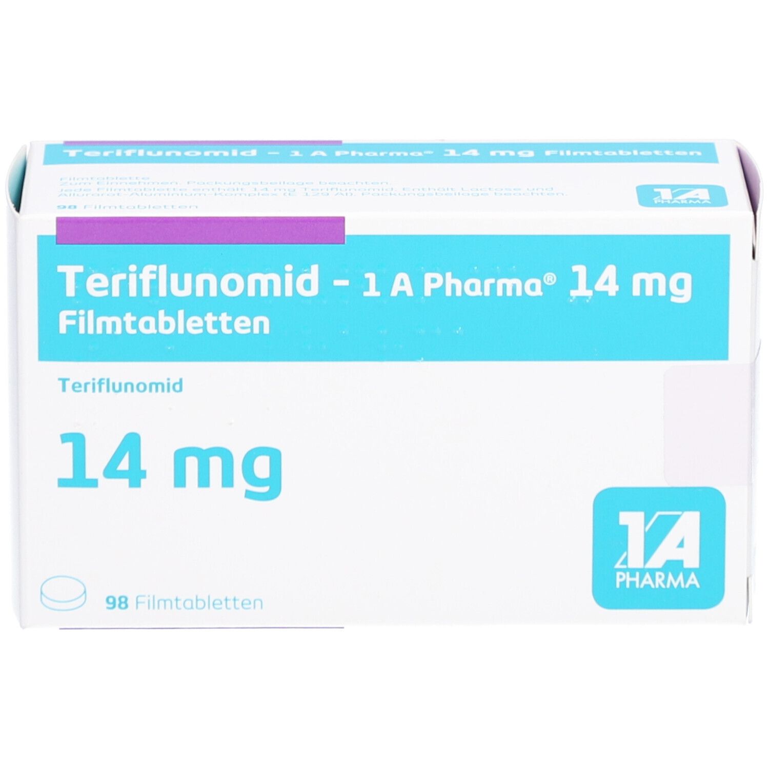 Schachtel mit blauer und weißer Aufschrift. Teriflunomid - 1 A Pharma 14 mg Filmtabletten. 14 mg. 98 Filmtabletten. Logo 1A Pharma.