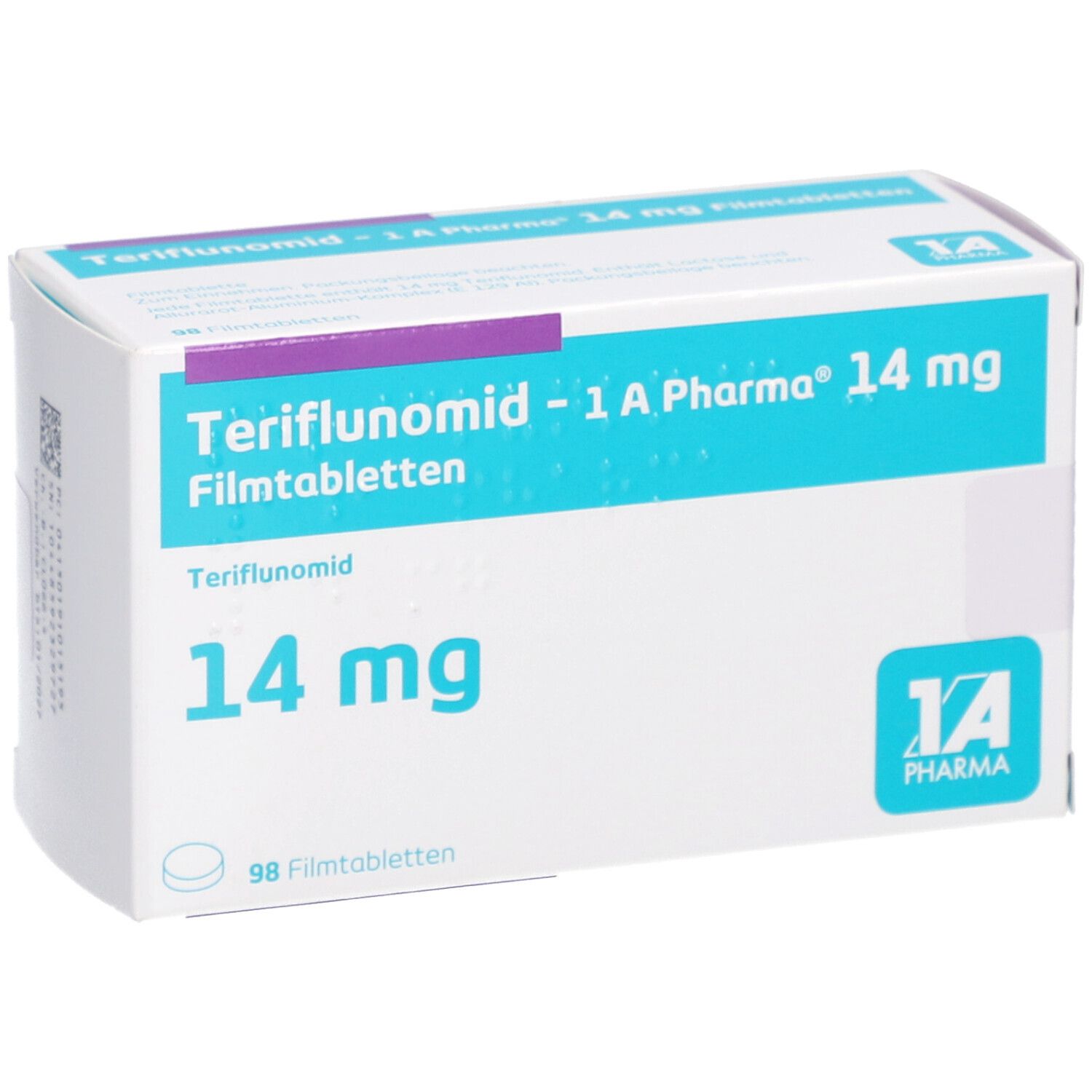 Schachtel mit blauer und weißer Aufschrift. Teriflunomid - 1 A Pharma 14 mg Filmtabletten. 14 mg. 98 Filmtabletten. Logo 1A Pharma.