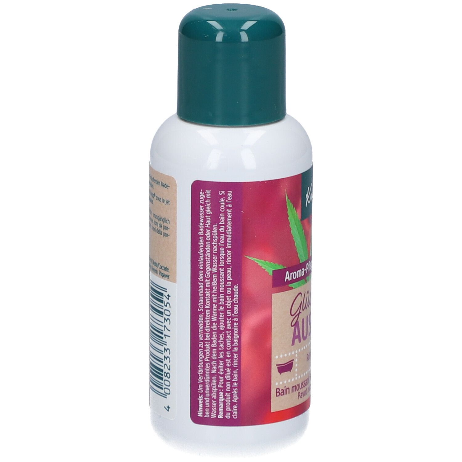 Kneipp Aroma-Pflegeschaumbad Flasche. Rückseite mit Text. Aufschrift: Hinweise, Inhaltsstoffe, 100 ml.