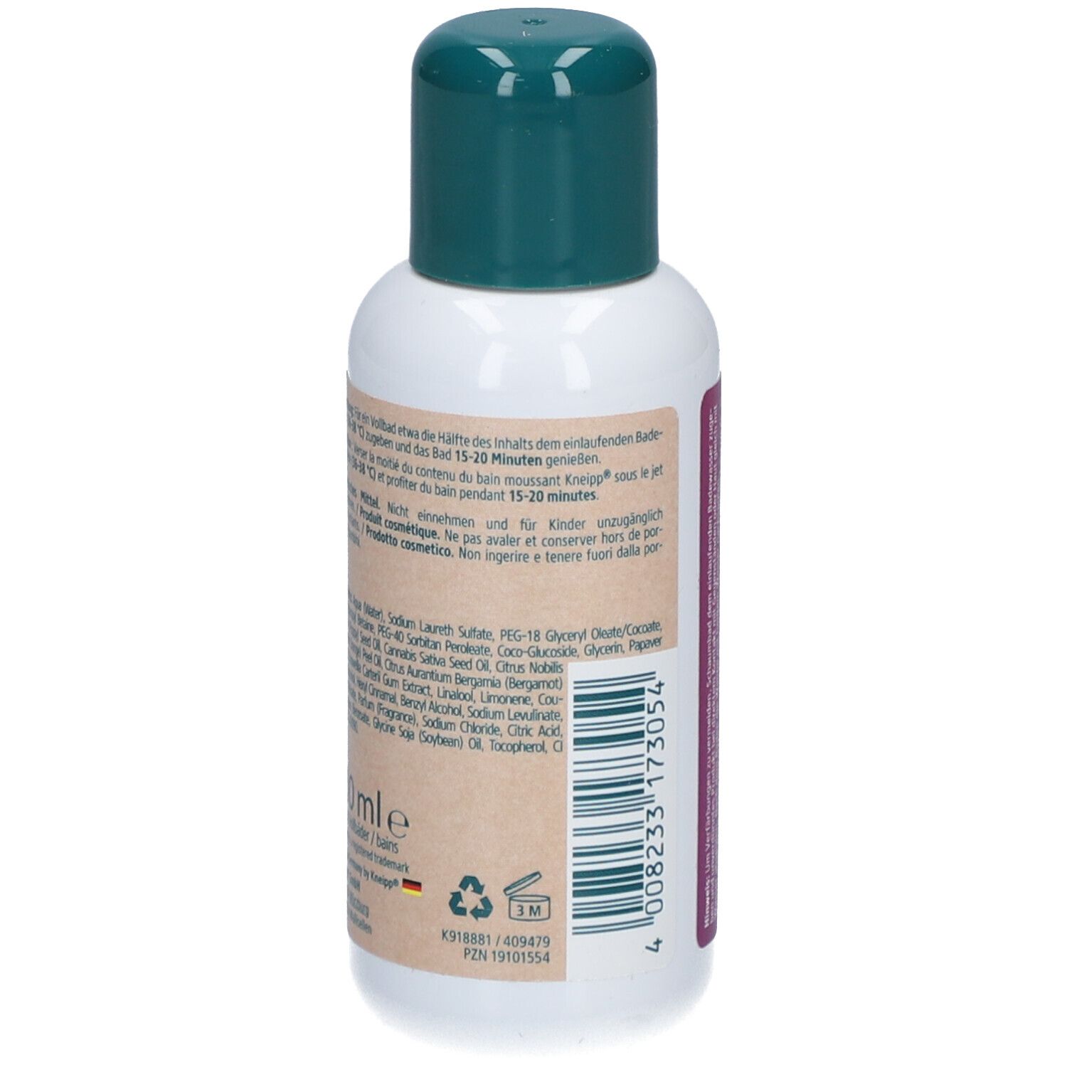 Kneipp Aroma-Pflegeschaumbad Flasche. Rückseite mit Text. Aufschrift: Hinweise, Inhaltsstoffe, 100 ml.